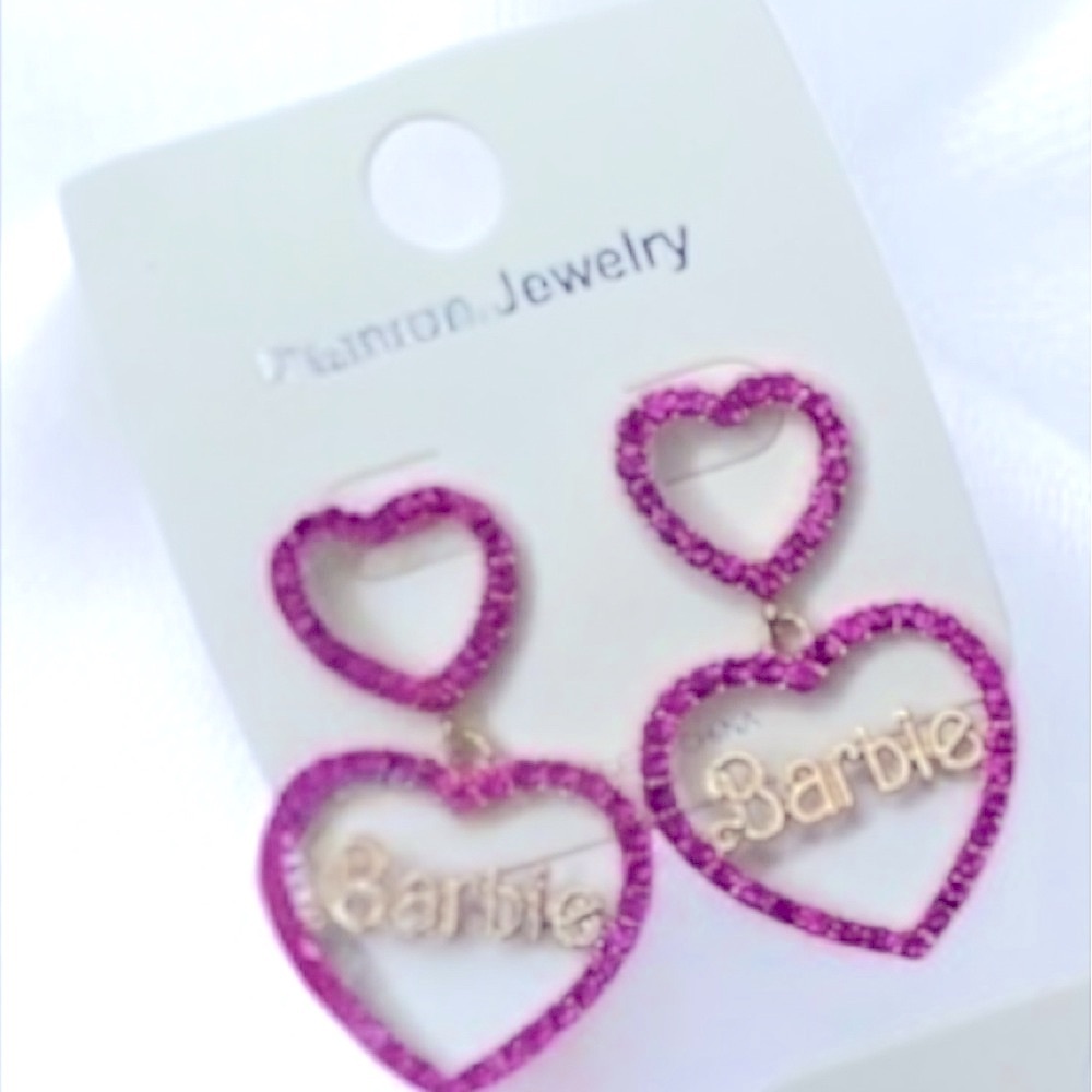Barbie Crystal Double Heart Rhinestone Drop Earrings *DARK PINK Goldtone NEW